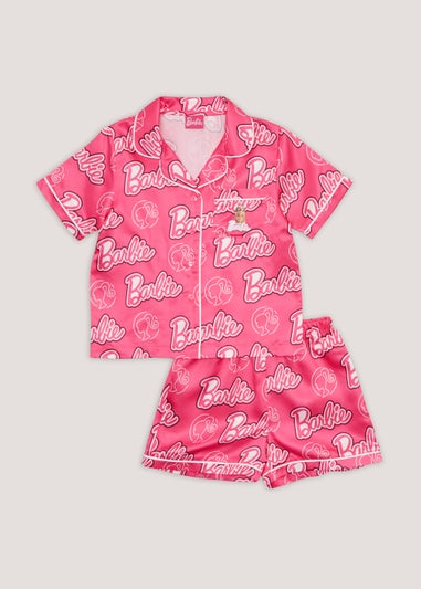Kids Pink Barbie Satin Button Pyjama Set (5-10yrs) Matalan