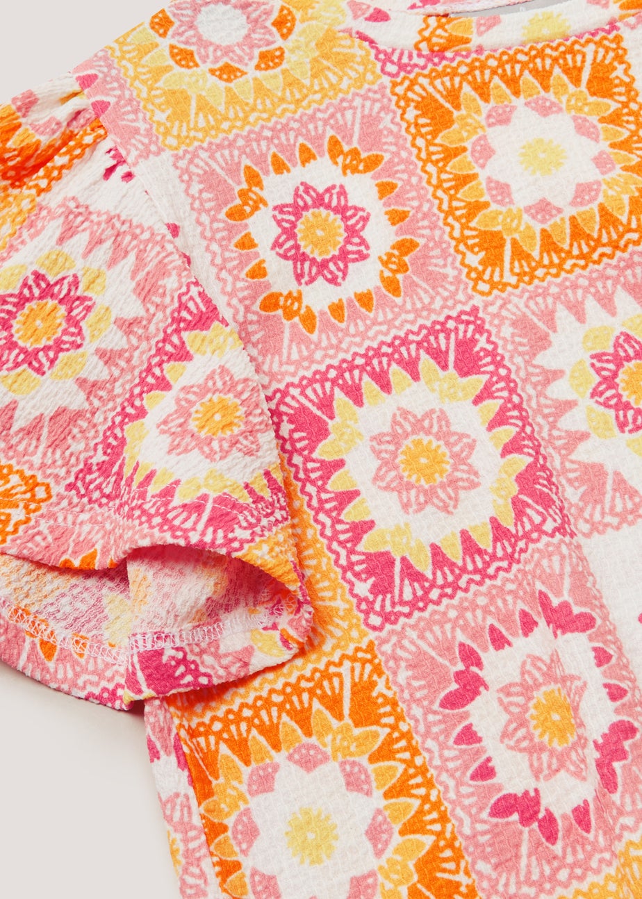 Girls Orange Crochet Print Crinkle Top (3-14yrs)