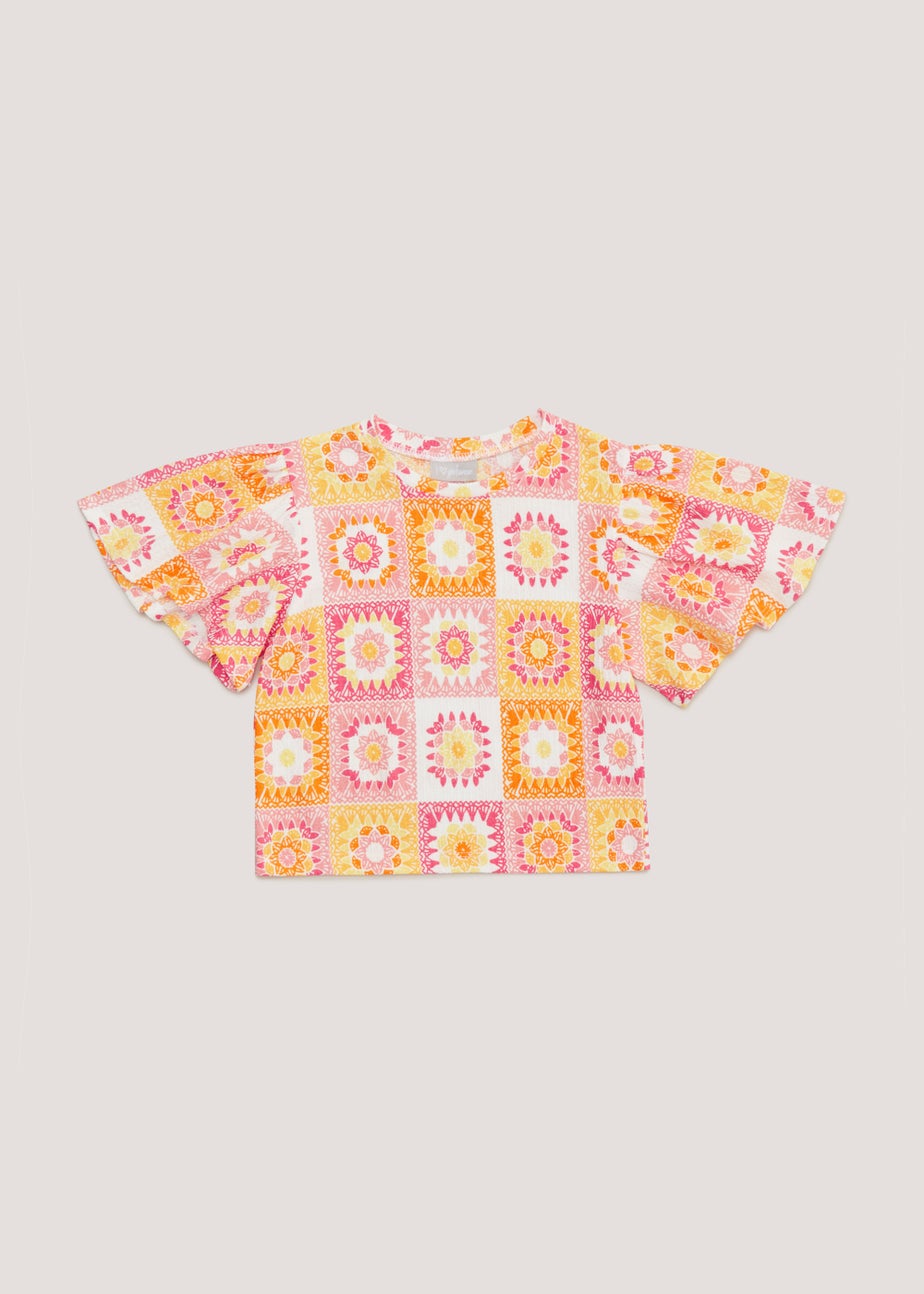 Girls Orange Crochet Print Crinkle Top (3-14yrs)