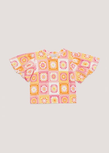Girls Orange Crochet Print Crinkle Top (3-14yrs)