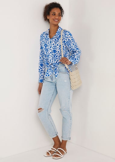 Blue Aztec Print Tie Front Shirt