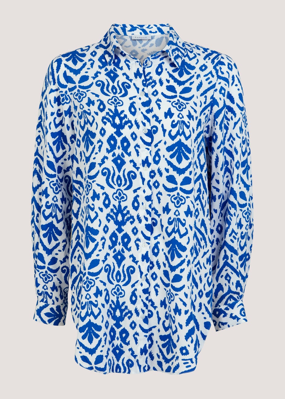Blue Aztec Print Tie Front Shirt