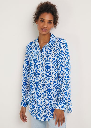 Blue Aztec Print Tie Front Shirt