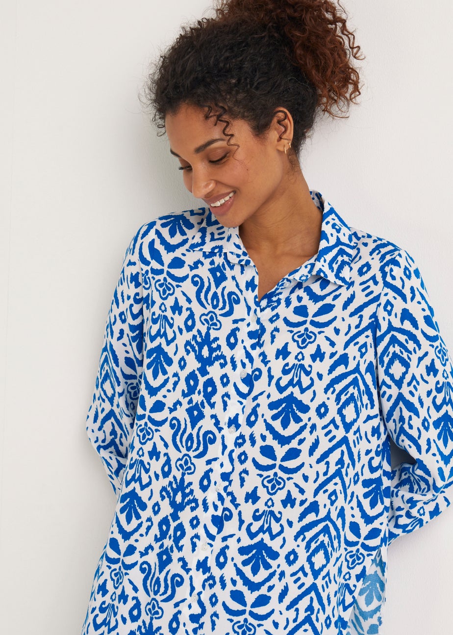 Blue Aztec Print Tie Front Shirt