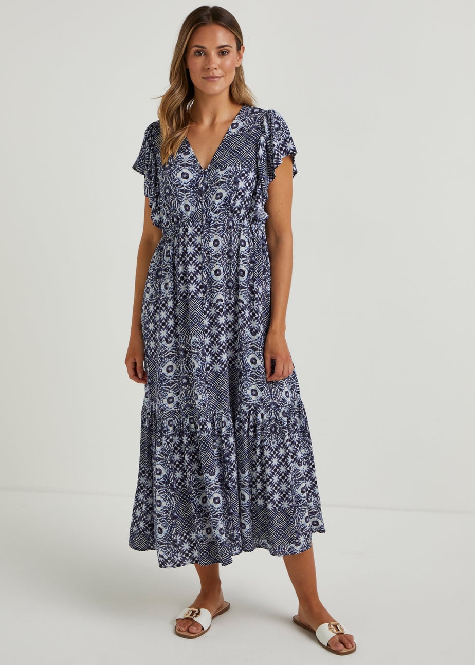 Papaya Petite Navy Tile Print Crinkle Midi Dress