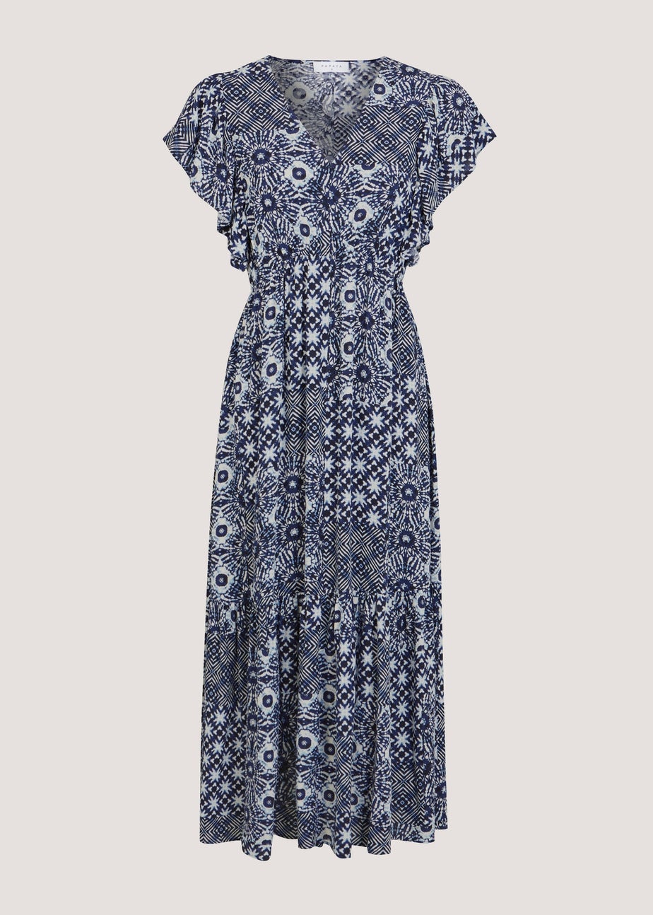 Papaya Petite Navy Tile Print Crinkle Midi Dress