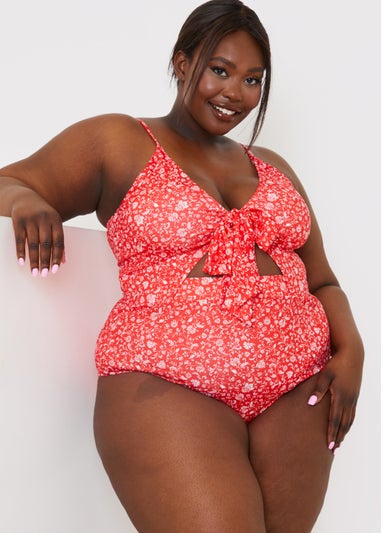 In the Style Jac Jossa Red Floral Tie Front Cut Out Swimsuit