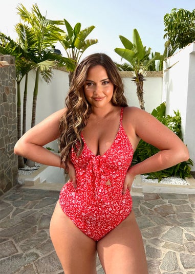In the Style Jac Jossa Red Floral Tie Front Cut Out Swimsuit
