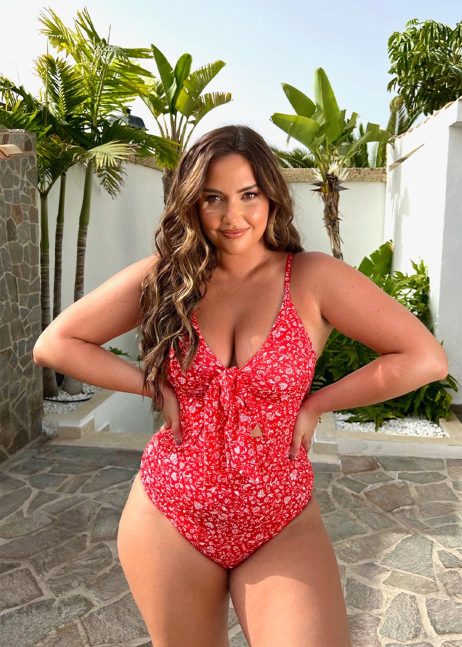 In the Style Jac Jossa Red Floral Tie Front Cut Out Swimsuit