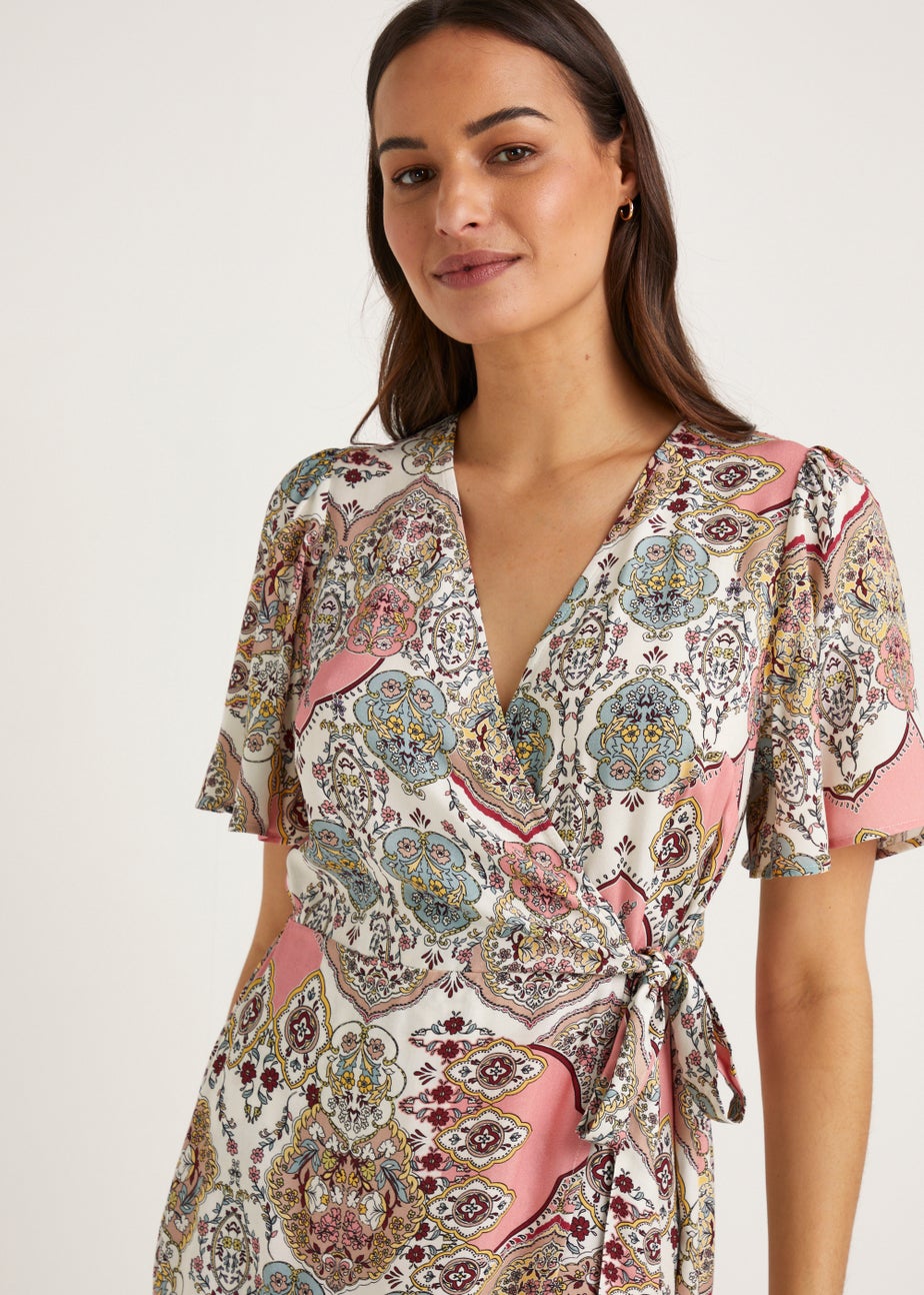 Multicoloured Scarf Print Wrap Midi Dress