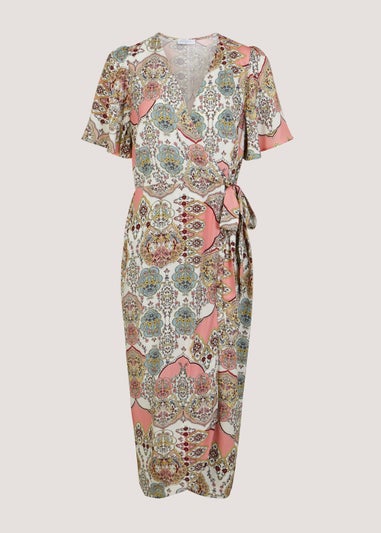 Multicoloured Scarf Print Wrap Midi Dress