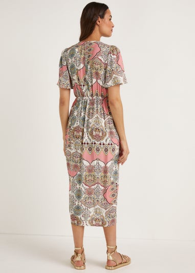 Multicoloured Scarf Print Wrap Midi Dress