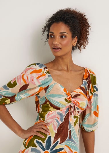 Multicoloured Floral Ruched Midi Dress