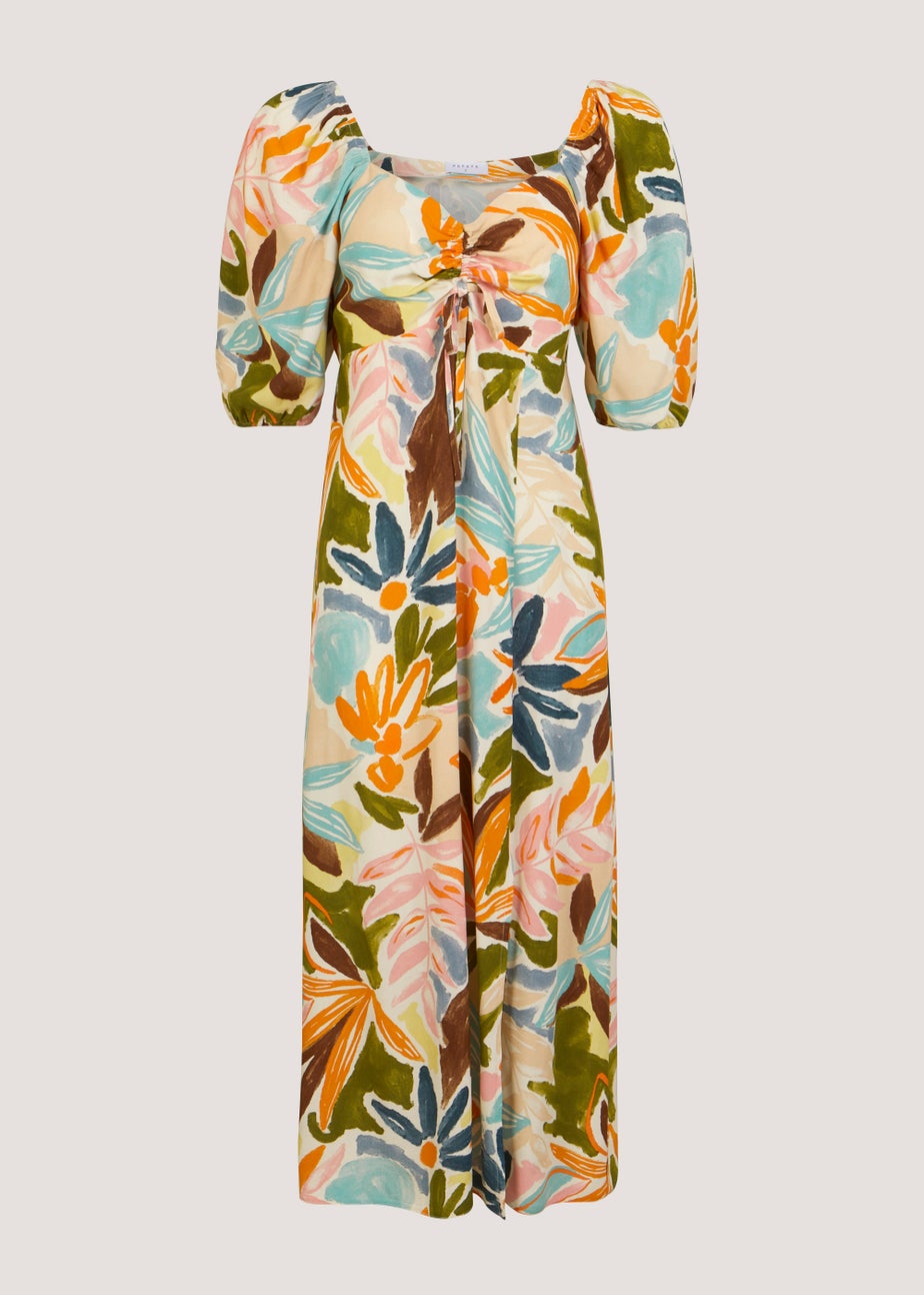Multicoloured Floral Ruched Midi Dress