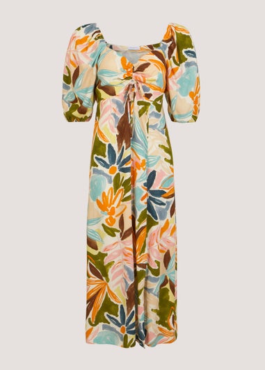 Multicoloured Floral Ruched Midi Dress