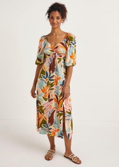 Multicoloured Floral Ruched Midi Dress