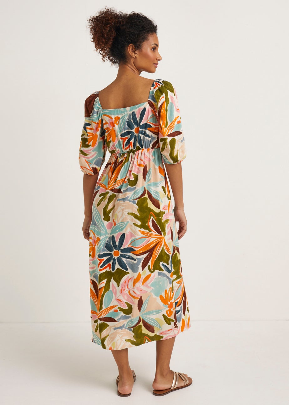 Multicoloured Floral Ruched Midi Dress