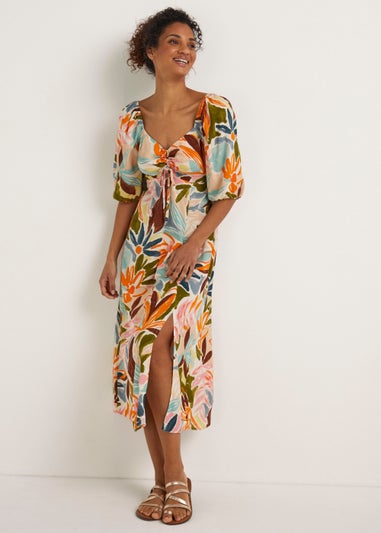 Multicoloured Floral Ruched Midi Dress