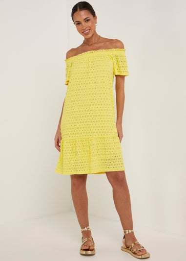 Yellow Textured Bardot Jersey Mini Dress