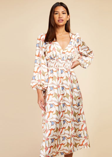 Little Mistress Leaf Print Blouson Sleeve Midi Dress