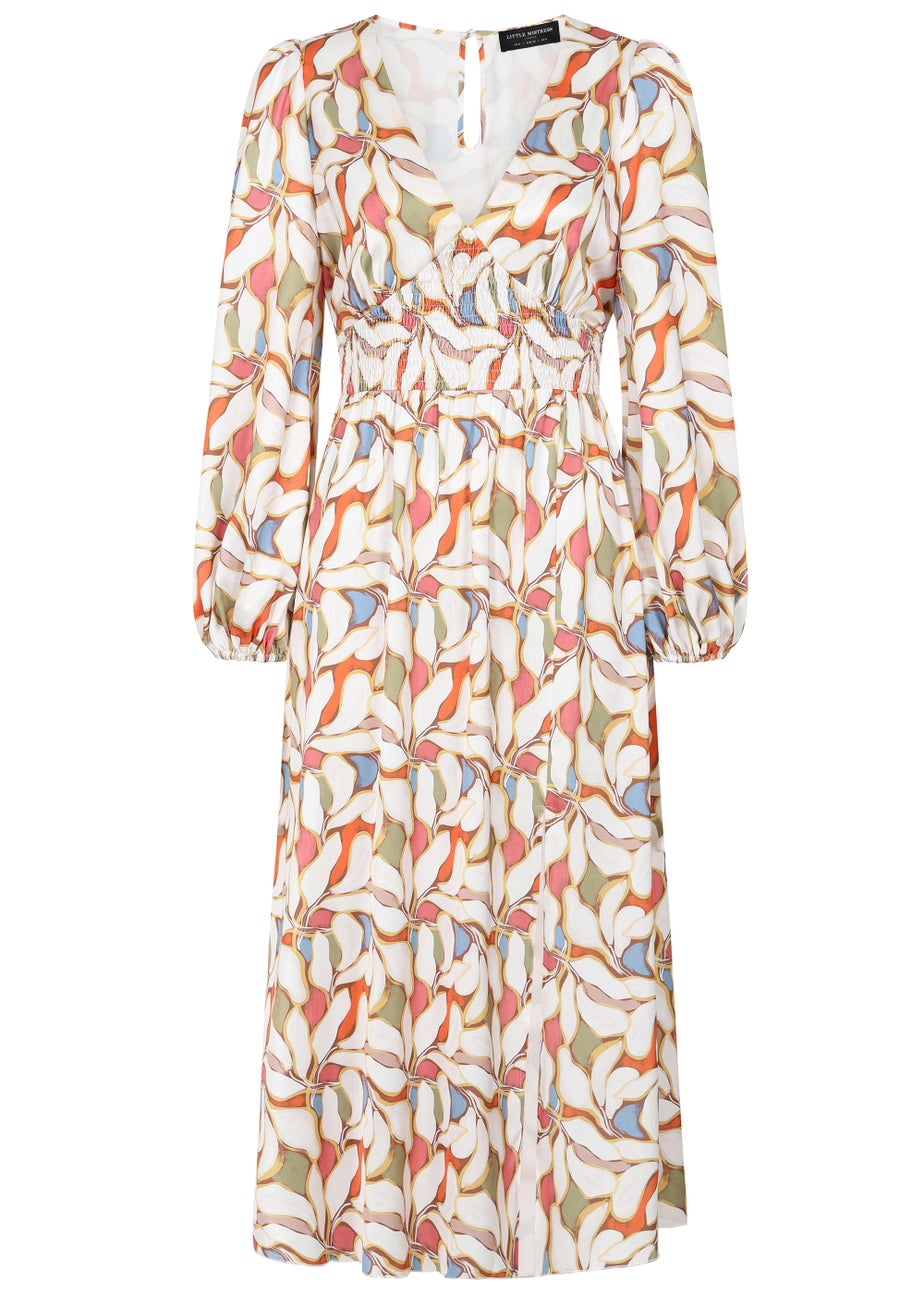 Little Mistress Leaf Print Blouson Sleeve Midi Dress