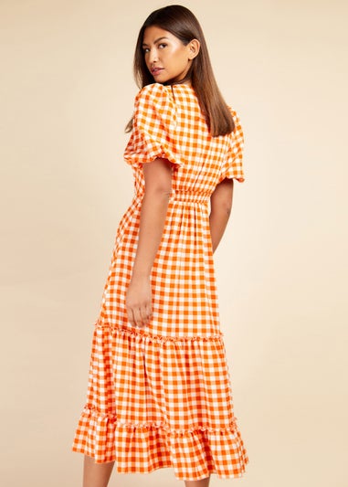 Little Mistress Orange Gingham Tiered Midi Dress