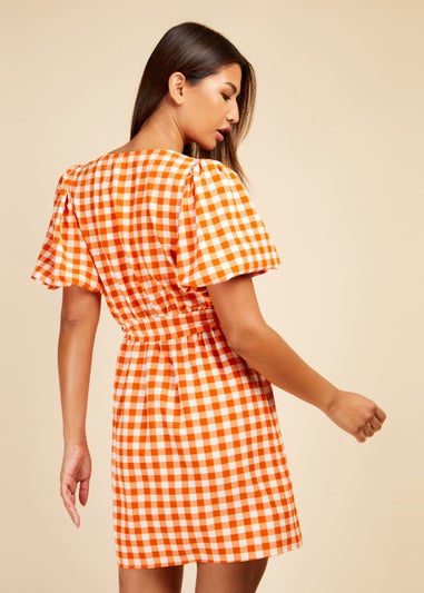 Little Mistress Orange Gingham Puff Sleeve Mini Wrap Dress