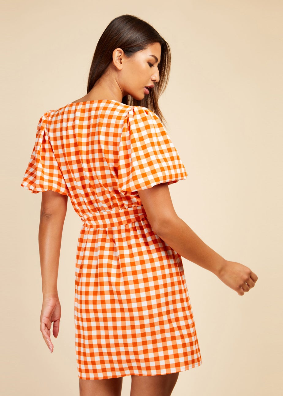Little Mistress Orange Gingham Puff Sleeve Mini Wrap Dress