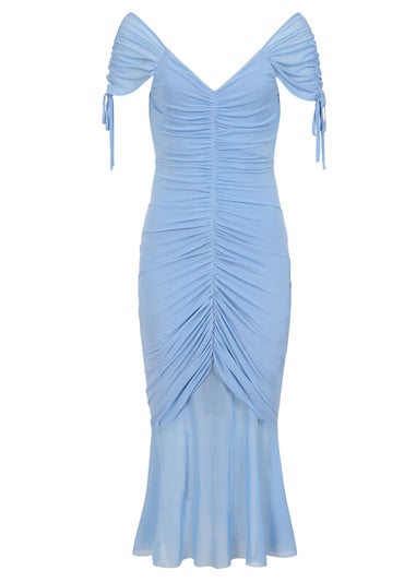 Little Mistress Blue Mesh Ruched Bodycon Midi Dress