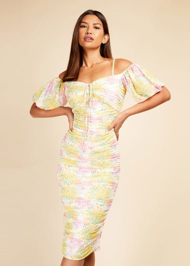 Little Mistress Blossom Ruched Bodycon Midi Dress