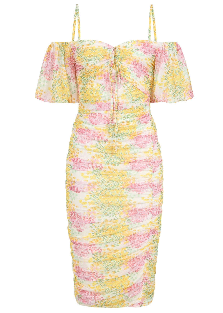 Little Mistress Blossom Ruched Bodycon Midi Dress