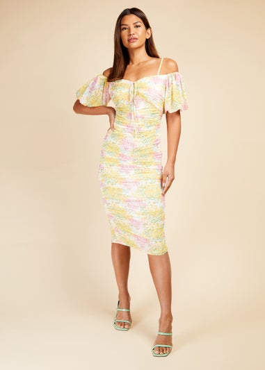 Little Mistress Blossom Ruched Bodycon Midi Dress