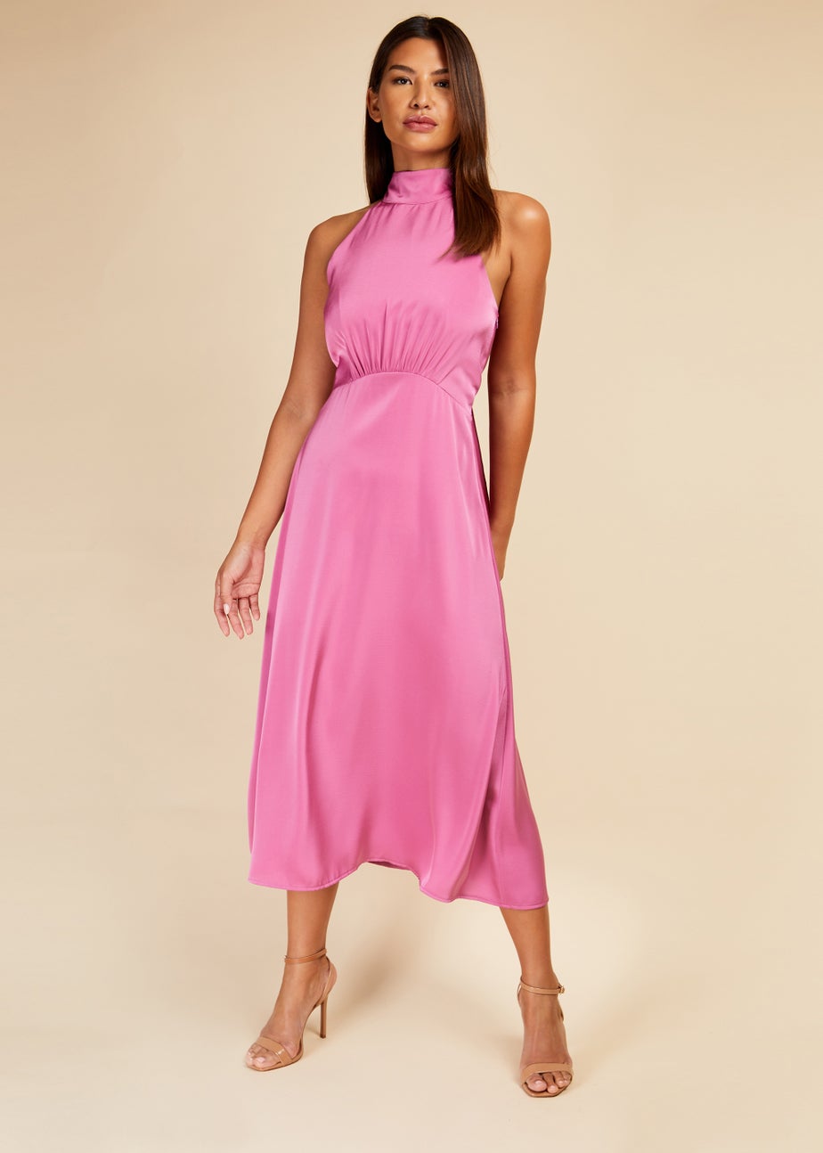 Little Mistress Pink Satin Halter Tie Midaxi Dress