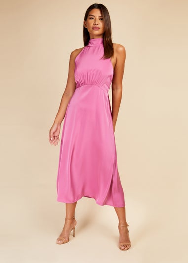 Little Mistress Pink Satin Halter Tie Midaxi Dress