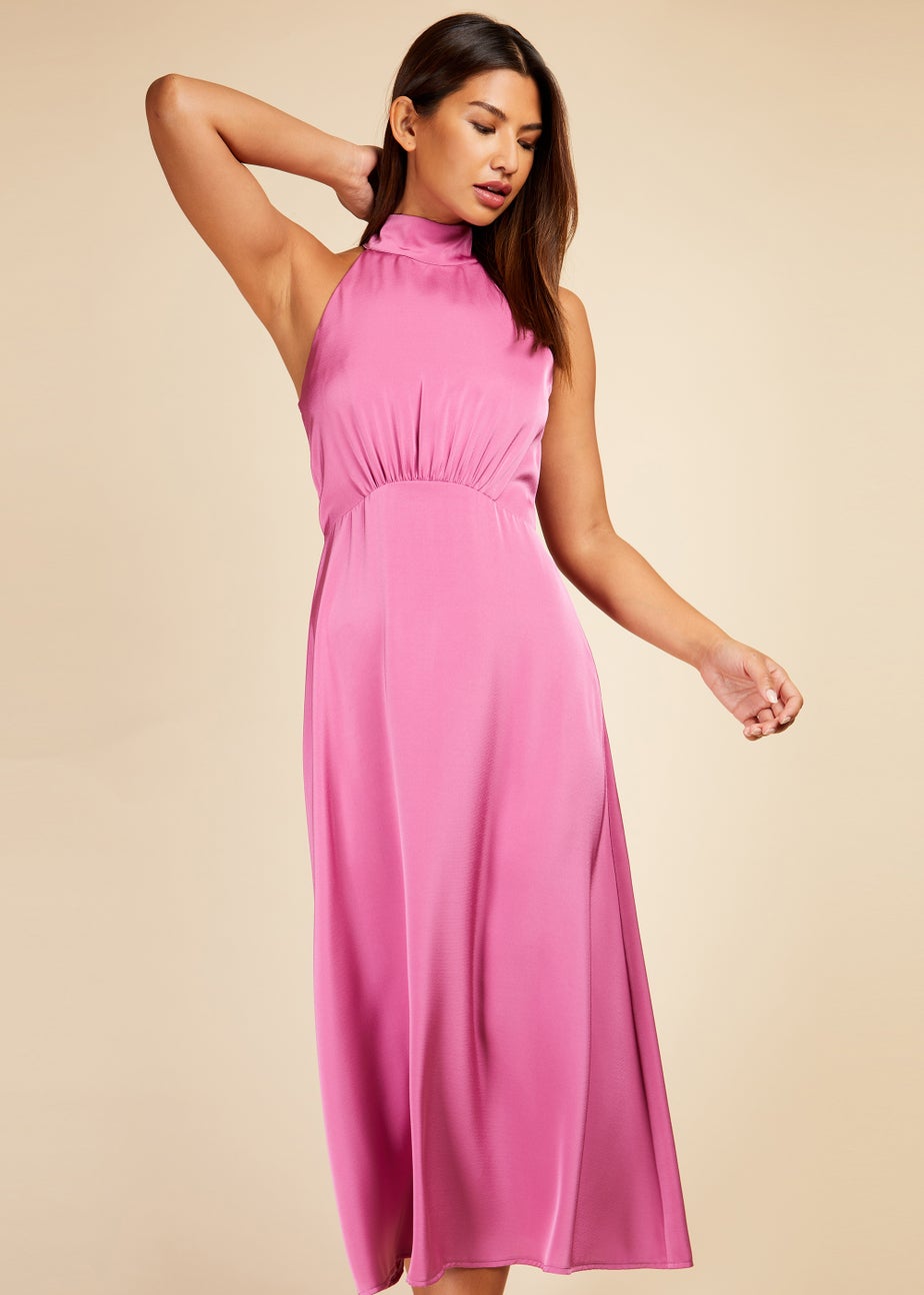 Little Mistress Pink Satin Halter Tie Midaxi Dress