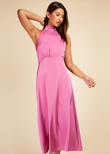 Little Mistress Pink Satin Halter Tie Midaxi Dress