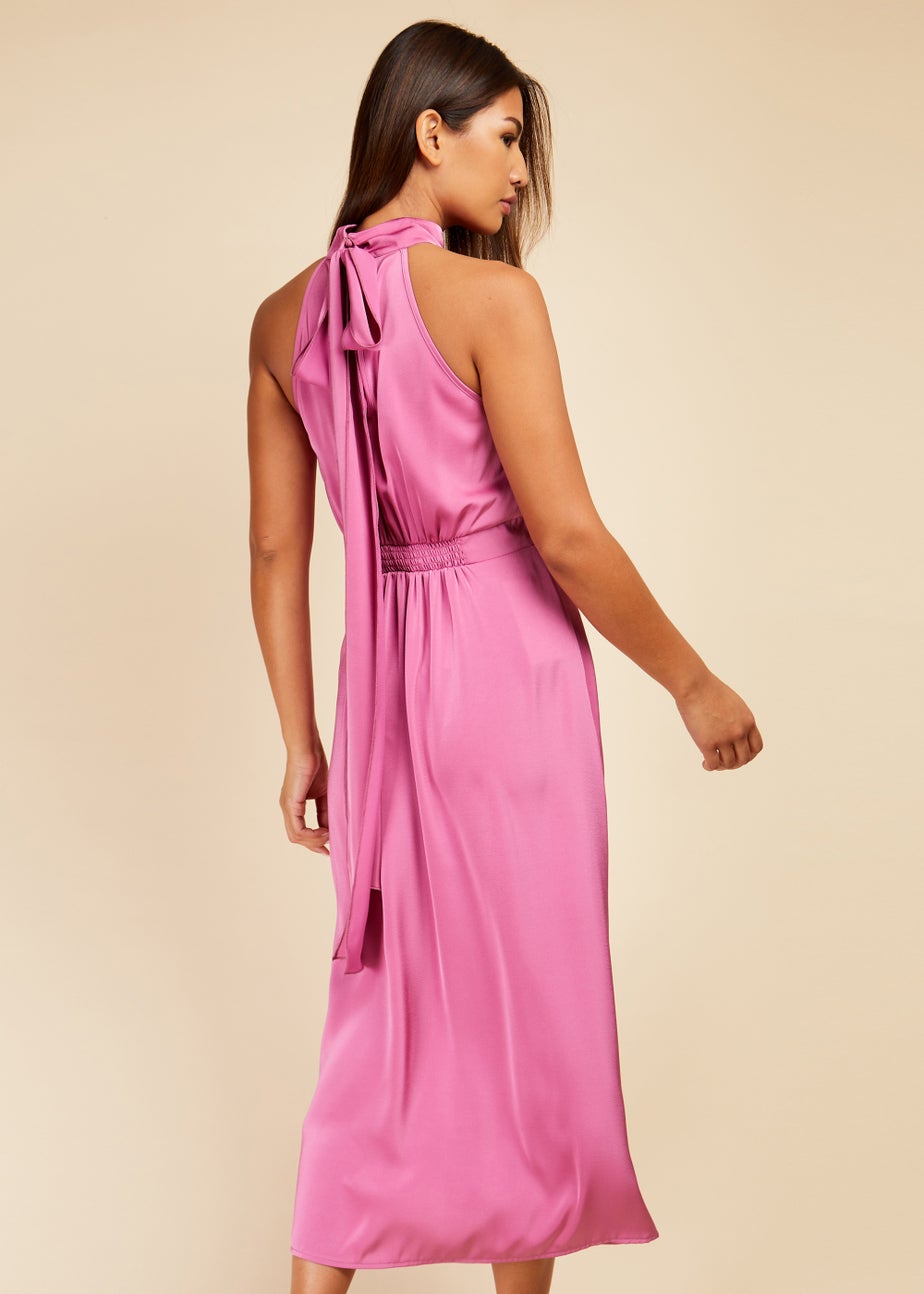 Little Mistress Pink Satin Halter Tie Midaxi Dress