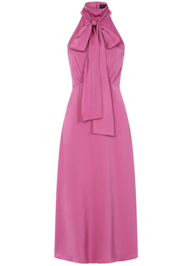 Little Mistress Pink Satin Halter Tie Midaxi Dress