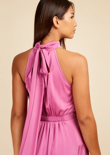 Little Mistress Pink Satin Halter Tie Midaxi Dress