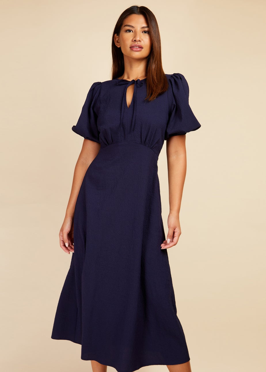 Little Mistress Navy Textured Puff Sleeve Midi Dress