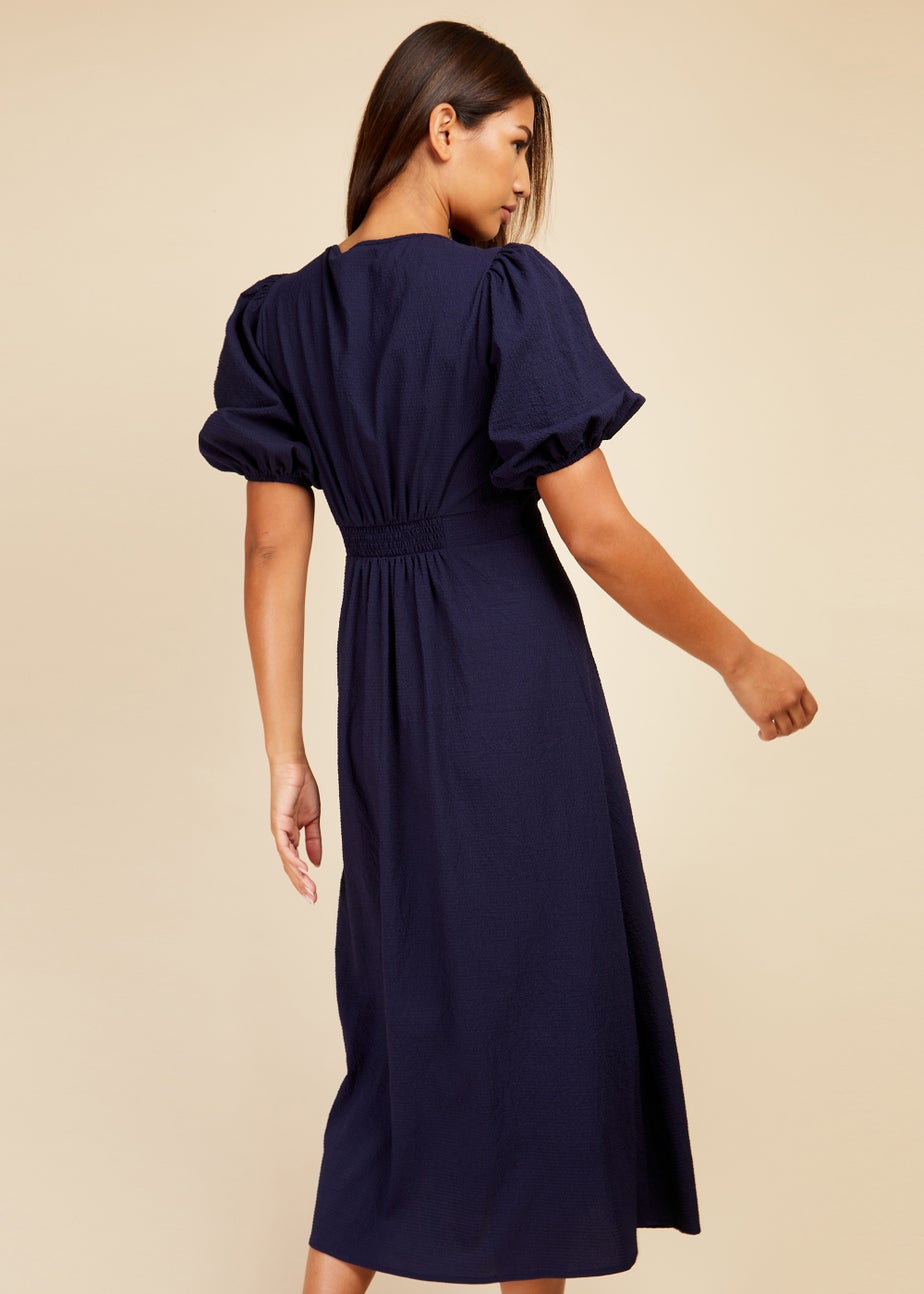 Little Mistress Navy Textured Puff Sleeve Midi Dress