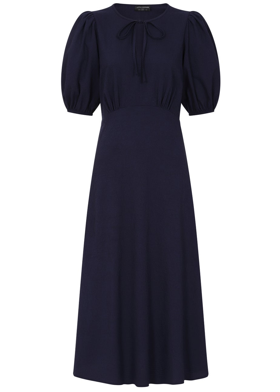Little Mistress Navy Textured Puff Sleeve Midi Dress