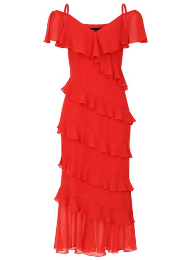 Little Mistress Red Frill Cold Shoulder Midi Dress