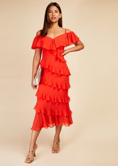 Little Mistress Red Frill Cold Shoulder Midi Dress