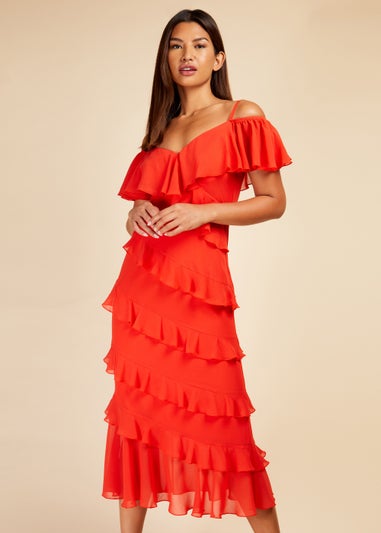 Little Mistress Red Frill Cold Shoulder Midi Dress