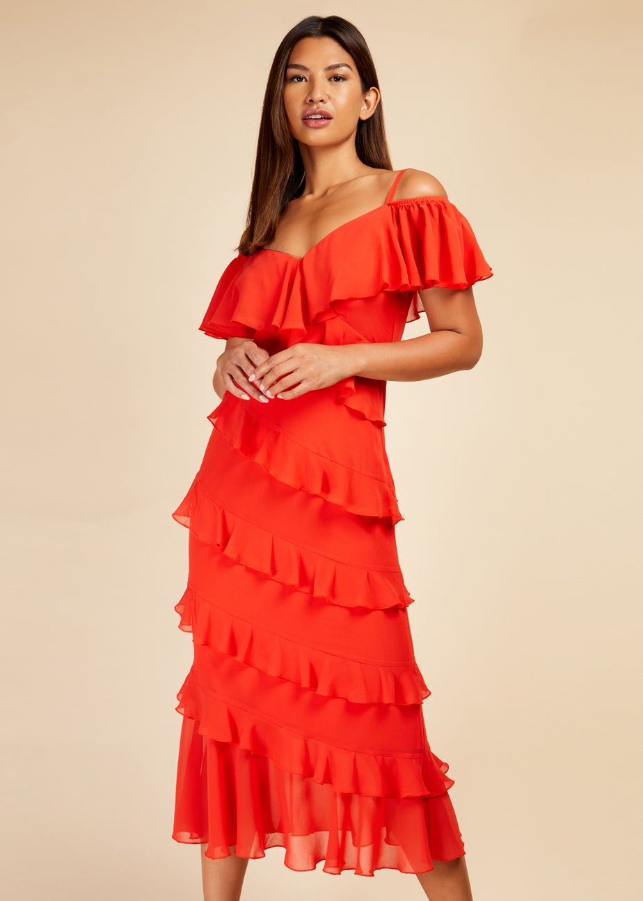Little Mistress Red Frill Cold Shoulder Midi Dress