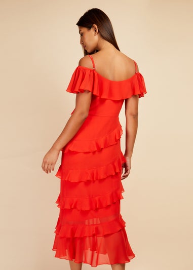 Little Mistress Red Frill Cold Shoulder Midi Dress
