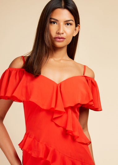 Little Mistress Red Frill Cold Shoulder Midi Dress