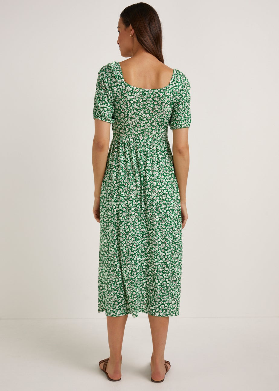 Green Floral Shirred Midi Dress
