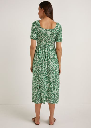 Green Floral Shirred Midi Dress